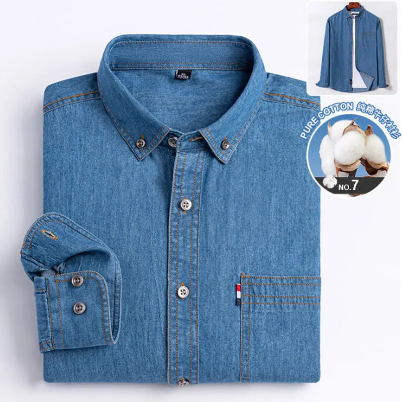 100% cotton denim young and middle-aged men's long-sleeved shirt autumn and winter casual no-iron solid color high quality