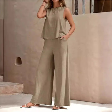 New Women's Sleeveless Vest And Trousers Two Piece Set Fashion Solid Color Two Piece Round Neck Top Pants Suit Casual Set