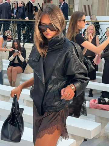 TFMLN 2025 Winter Women Faux Leather Loose Jacket High Street Stand Collar Long Sleeve Coat Fashion Zipper Thicken Outwear