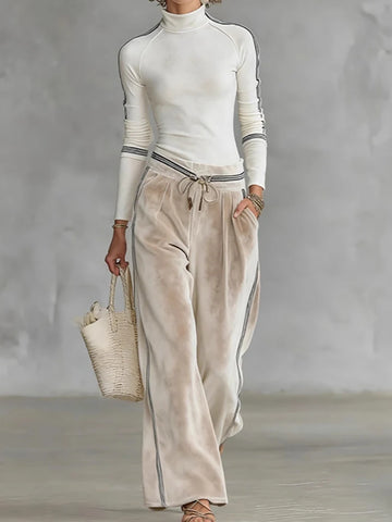 New Women's Half High Collar Long Sleeve Pullover Top And Wide Leg Pants Set Autumn Winter Patchwork Simple Outfit Two-Piece Set