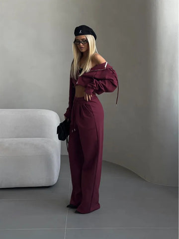 Casual Women's Suit Long-sleeved Zipper Hooded Sweatshirt Solid Color Lace-up Pants Two-piece Set Simple Style Commuting Trendy