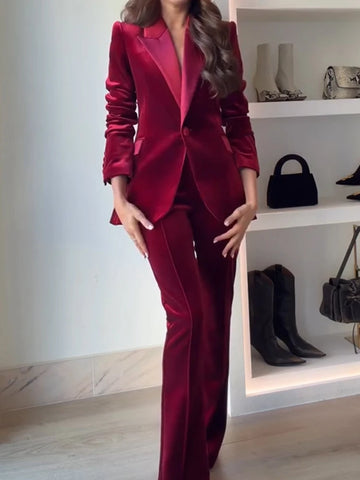 Fashion Lapel Velvet Long Sleeve Blazer&Pants Sets Elegant Commute Women's Solid Color Outfits Autumn Winter New Slim Two Piece