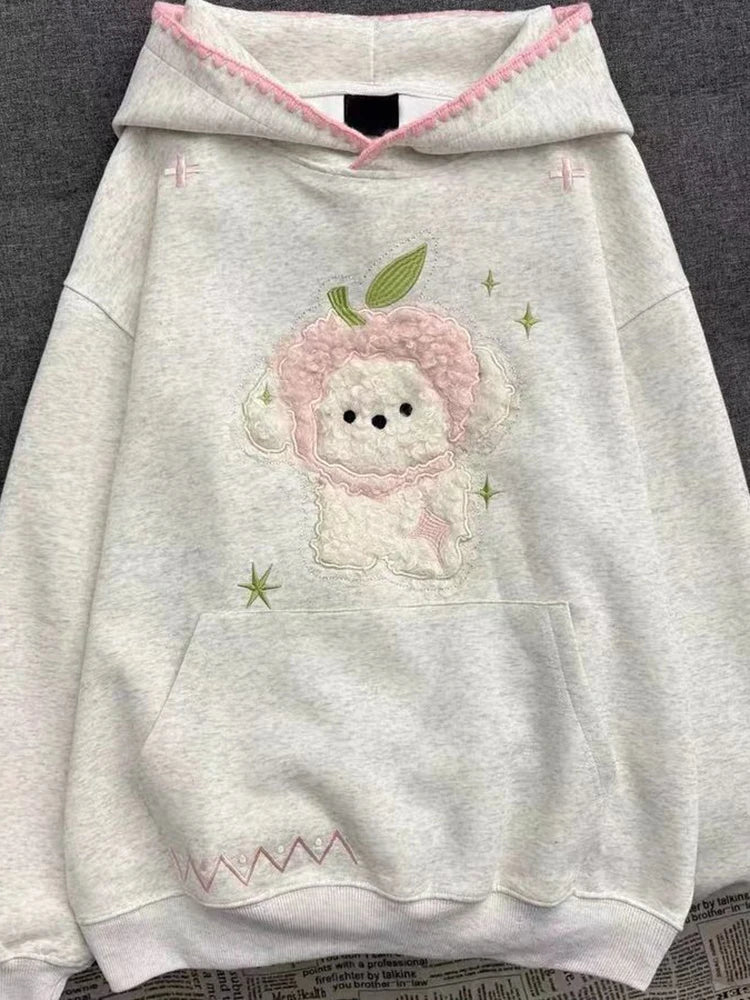 Vintage Japan Sweet Kawaii Cartoon Hoodies Women Long Sleeve Preppy Style Cute Sweatshirt Embroidery Pockets Female Y2k Tops