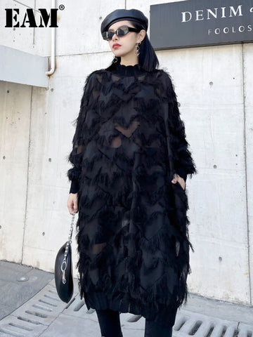 [EAM] Women Black Tassels Perspective Big Size Knee-Length Dress New Turtleneck Long Sleeve Fashion Spring Autumn 2026 1DH8741
