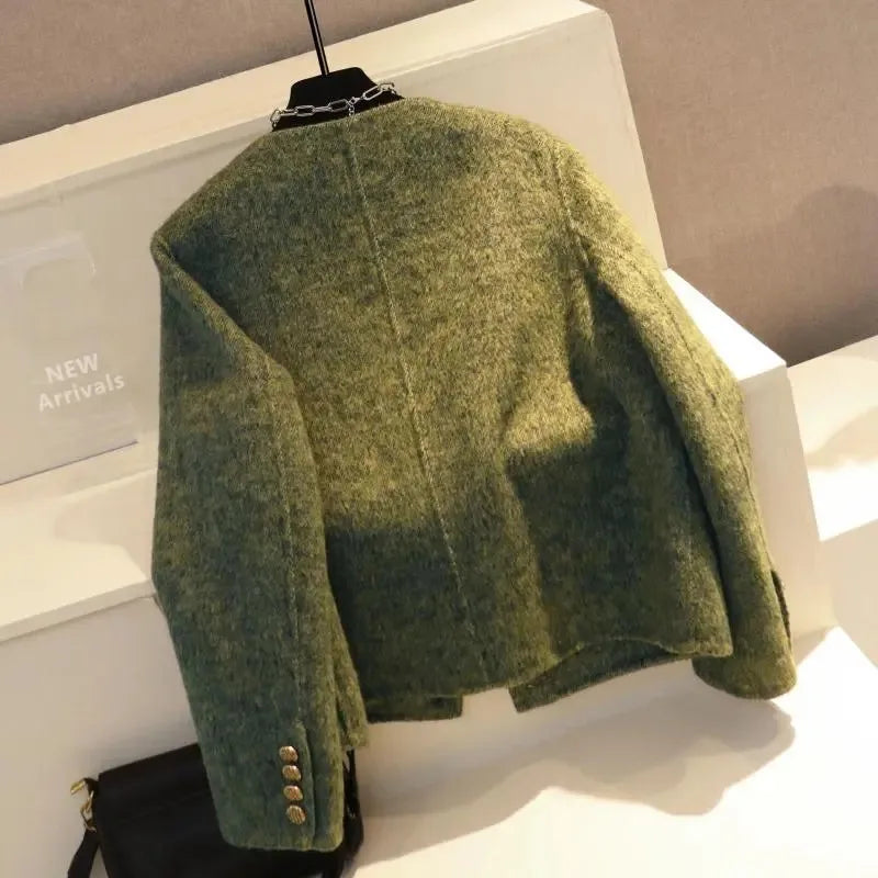 2026 Autumn Winter New Double-Sided Woolen Jacket Fashion Temperament O-Neck Single Breasted Short Coat Female Slim Tops T1550
