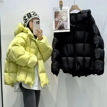Winter Thickened Short down Cotton Jacket Women's Hooded Loose plus Size Korean Style Square Patterned Coat for Women