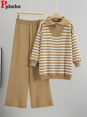 Korean Loose Knitted 2 Piece Sets Women Striped Design Knitted Sweater Pullover Tops Conjuntos High Waist Straight Pants Outfit