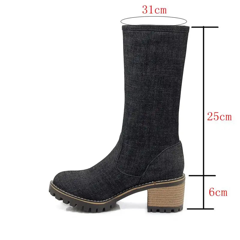 SIMLOVEYO Boots Women thick High Heels Spring Summer Shoes Mid-calf Blue Fabric Booties Western Cowboy Jeans Botas Mujer Big