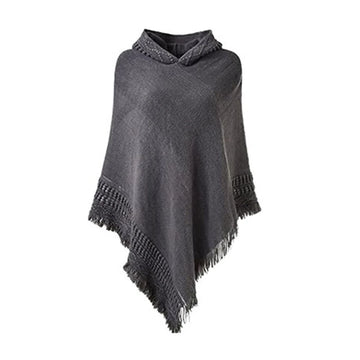 Women Winter Knit Hooded Poncho Crochet Fringed Tassel Shawl Wrap Sweater L21E