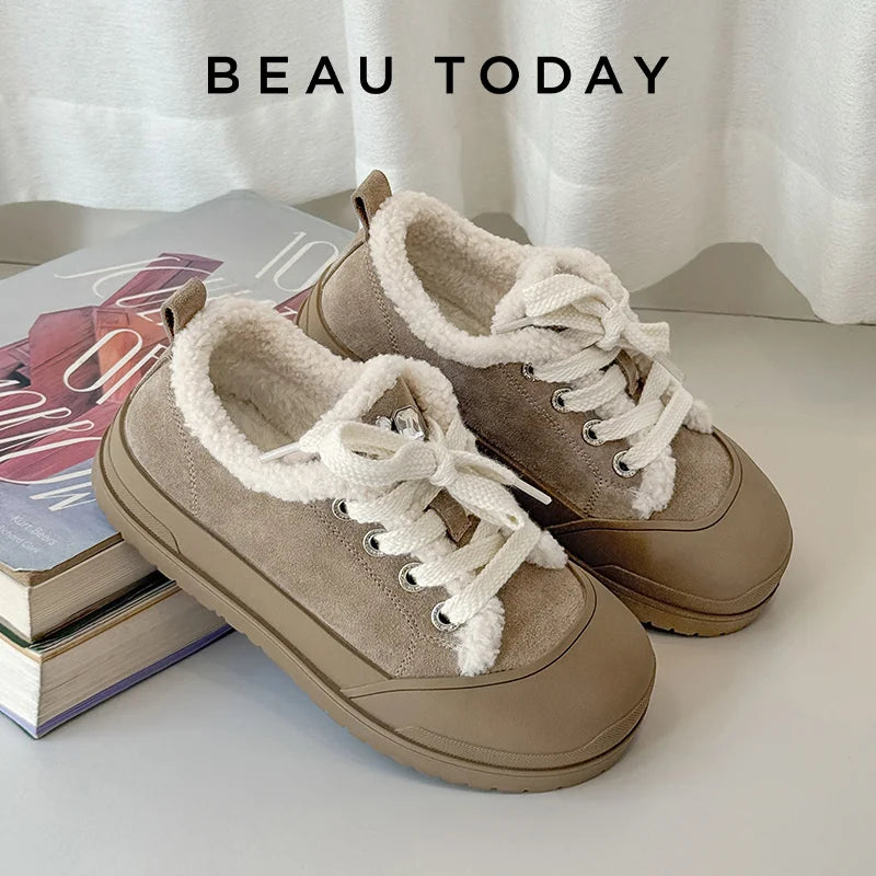BEAUTODAY Furry Shoes Women Cow Suede Leather Round Toe Lace-up Crystal Decor Winter Warm Plush Ladies  Casual Flats  22817