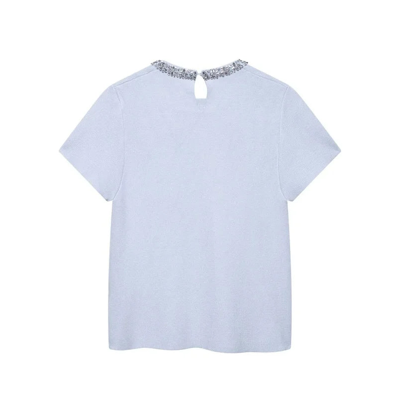 Women Fashion Blue Knit Top with Rhinstones Round Neck Short Sleeves Pullover Sweater Blouse Shirt