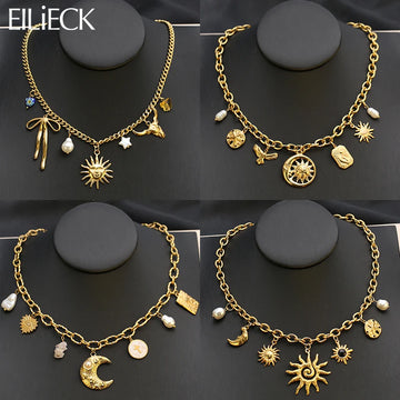 EILIECK 316L Stainless Steel Trendy Starfish Moon Sun Shaped Pendant Necklace Statement Charm Golden Chain Fashion Jewelry Gift