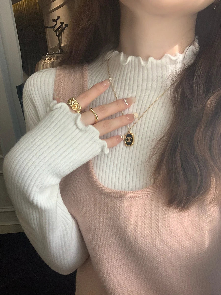 Knitted Sweater Women Pullovers New Long Sleeve Mock Neck Fleece-lined Knit Sweater Pullover Women Tops Sueters De Mujer Q1487