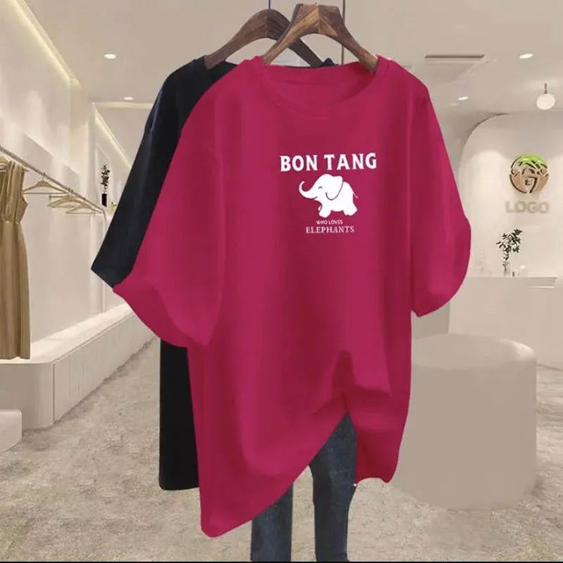 Women Clothing Elegant Elephant Print Basic Tshirt Summer Casual Loose Cotton Short Sleeve Pullover Lady All-match Sweet Top Tee