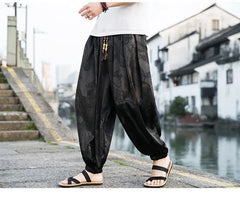 FGKKS 2023 Outdoor Brand Pants For Men Lce Silk Dragon Dark Flower Loose Bloomers High Quality Wide Leg Casual Pants Male