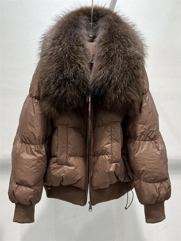 2023 New Fashion Loose Winter Women 90% Duck Down Jacket Natural Real Raccoon Fur Big Collar Coat Thick Warm Streetwear