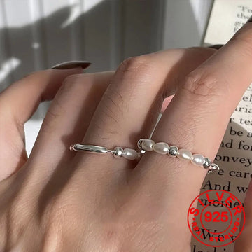 BFCLUB  Silver Color Geometric Irregular Ball Pearls Rings for Women Bohemian Retro Adjustable Antique Personality Ring