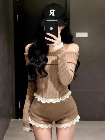 Lace Splice Knitted Sweater and High Waisted Shorts Two-piece Set Women Sexy Off Shoulder Knitted Sweater Pants Fashion Set