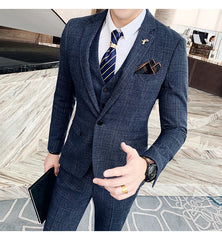 High Quality British Korean Modified Plaid Men (suit + Vest + Trousers) Stylish and Handsome Business Casual Three-piece Suit