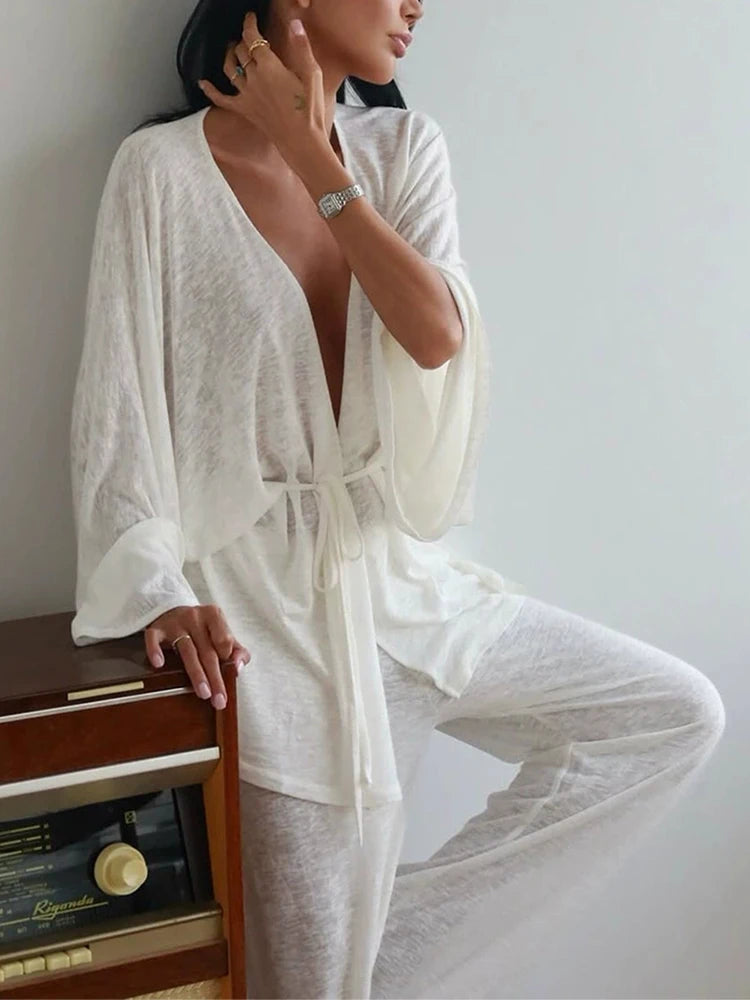 Casual Loose Sleepwear Outfit Autumn Winter Soft Comfortable Homewear Suit Women V-neck Long Sleeved Top and Pants Two Piece Set