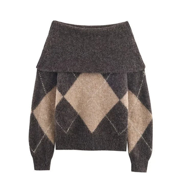Autumn Argyle Slash Neck Long Sleeve Knitted Top Women Geometric Off Shoulder Vintage Pullover Sweater Female Sexy Wear 2025
