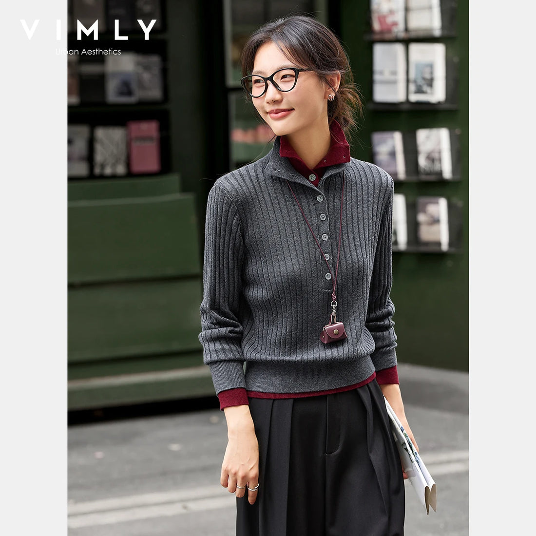 VIMLY Women's Wool Blend Pullovers Knitted Tops Patchwork 2 in 1 Elegant Ladies Sweater Autumn 2025 Strecth Female Jumpers 75063