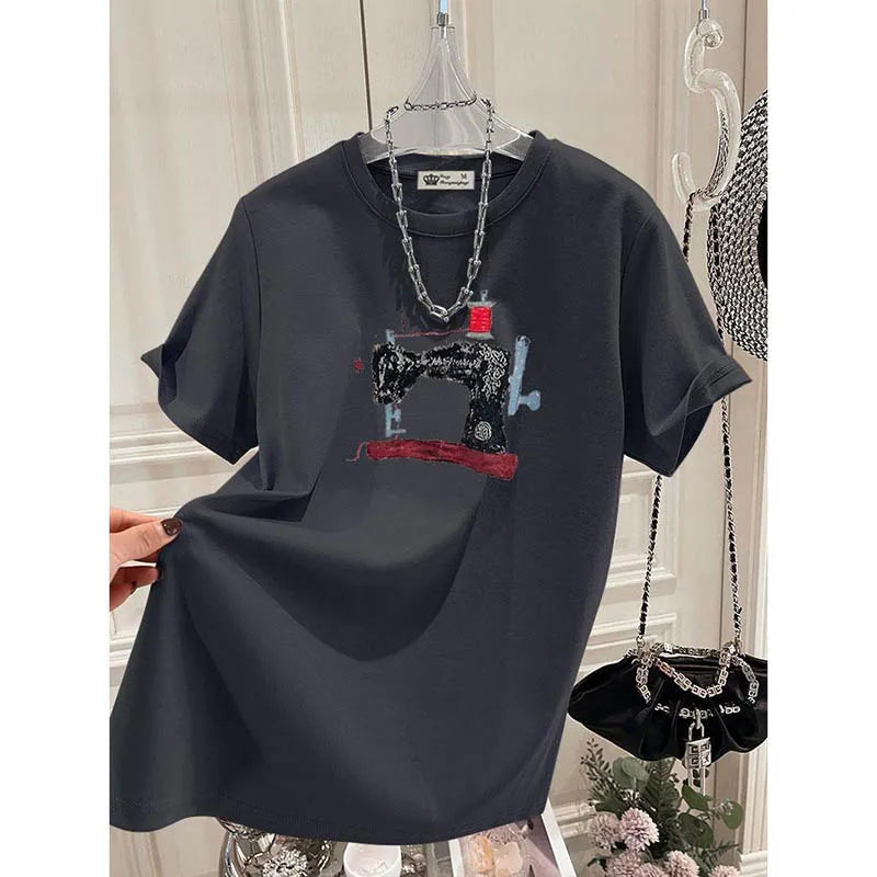 Women Clothing Fashion Vintage Sewing Machine Printing T-shirt Summer Pure Cotton O-neck Short Sleeve Basic Tops Loose Pullovers