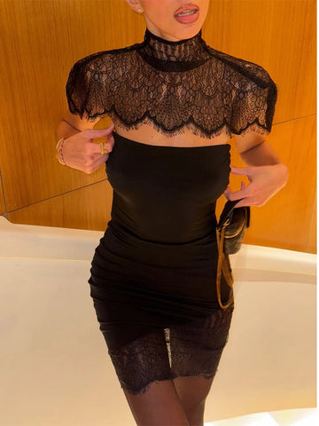 Black Lace Patchwork Strapless Dress Women Sexy Cape Shawl Waist Cinching Slim Mini Dresses Lady Evening Club Party Gowns 2026