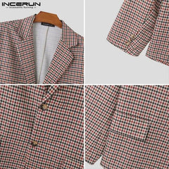 INCERUN Tops 2024 Korean Style Handsome New Men's Plaid Shoulder Padded Suit Coats Fashion Male Loose Long Sleeved Blazer S-5XL