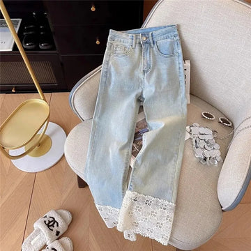 Spring Summer New Ladies Lace Stitching Jeans Women High Waist Straight Cowboy Pants Female Nine Points Denim Pants Tide T970