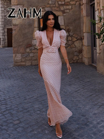 Sexy Patchwork Print Women Dress Slim V-neck Short Puff Sleeve Hip Package Female Dresses 2026 Spring Summer Urban Lady Robe New