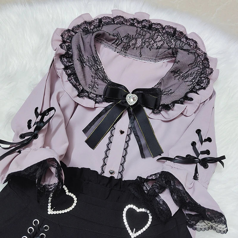 Kawaii Women Shirts Jirai Kei Lolita Y2K Cute Japanese Style Blouse Elegant Long Sleeve Sweet Tops Casual Aesthetic Shirt 2024