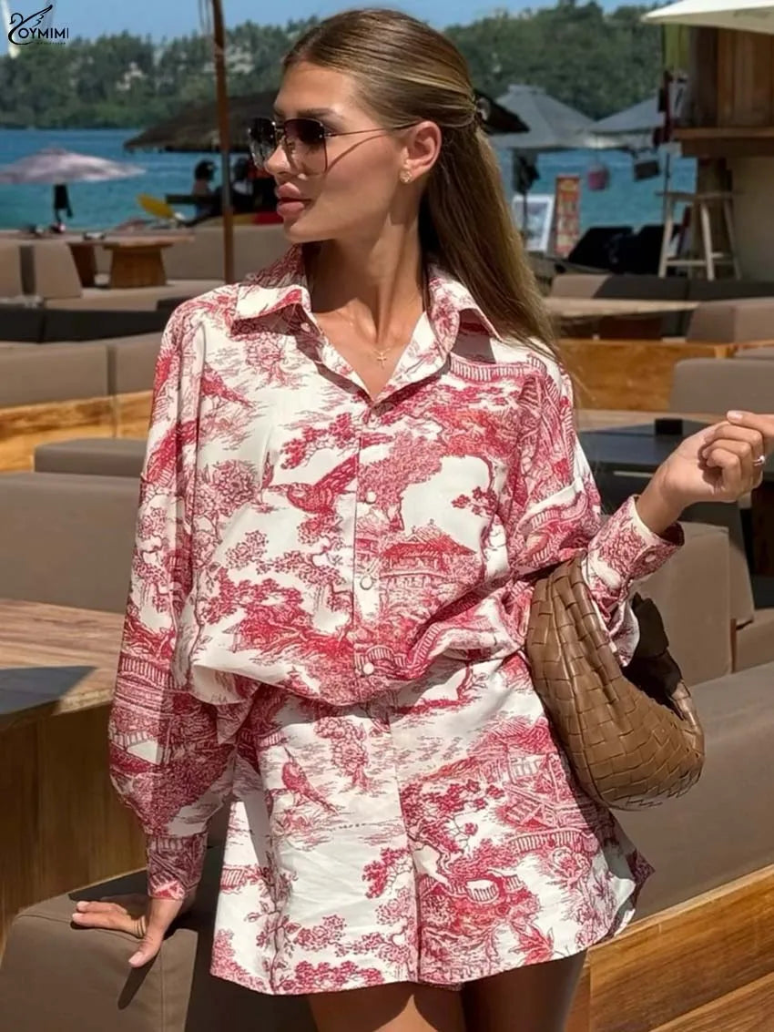 Oymimi Elegant Red Print Women's Two Pieces Set Fashion Lapel Long Sleeve Button Shirts And High Waisted Shorts Sets Streetwear