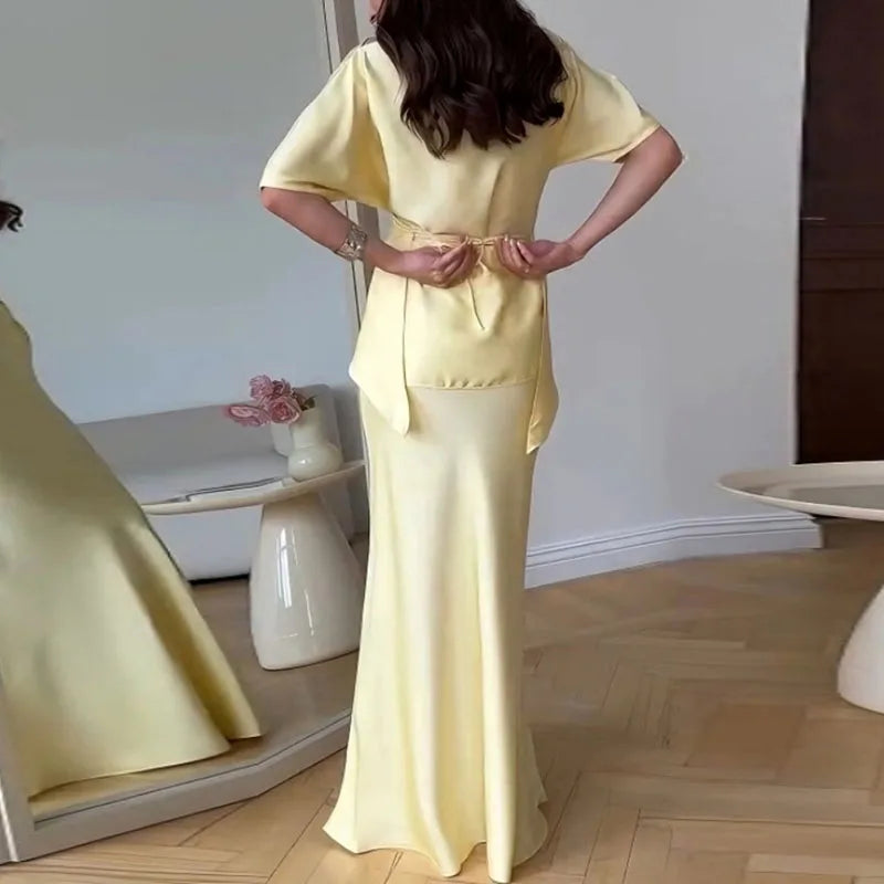 Elegant Solid Slim Satin Party Outfit Woman Spring Sexy Slash Neck Lace-up Top & Long Skirt Set Summer Short Sleeve Commute Suit