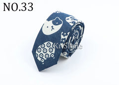 Novelty Cartoon Linen Tie For Men Cute Cat Polar Bear Waves Pattern Skinny Necktie For Men Women Casual Party Slim Cravat Gift