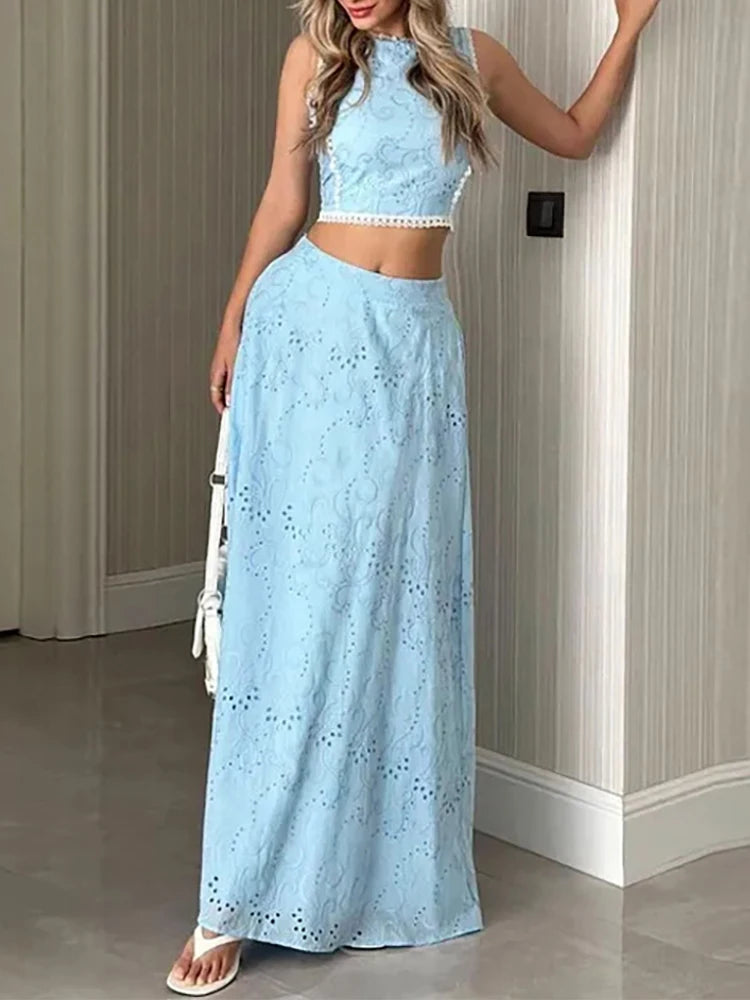 Casual Sleeveless Long Skirt Two Piece Sets Elegant Embroidery Hollow Out Skirt Suit Fashion O-neck Pullover Top & Skirt Outfits