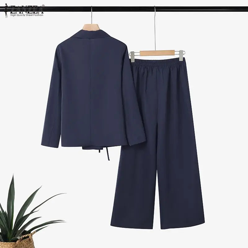 Women's Lightweight Pant Suits Fashion Notched Lapel Tied Waist Blazer and Wide Leg Pant 2 Piece Sets ZANZEA Office Wear Outfit