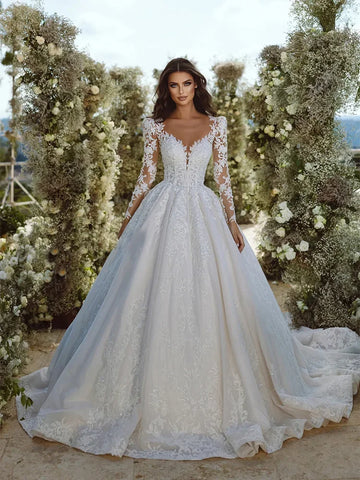 Luxury V-neck Wedding Dress for Women Long Sleeves Appliques Button Back Boho A-line Bridal Gown Vestido De Novia