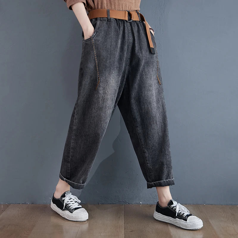 Vintage Elasticated Haren jeans women 2025 Spring autumn casual Denim pants female fashion loose with cowboy daddy pants R538