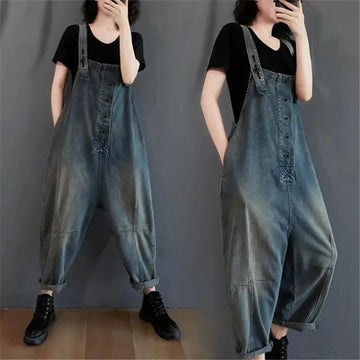 2025 New Denim Overalls Sleeveless Rompers Jumpsuits Spliced Jumpsuit Patchwork Casual Female Loose Pockets Radish Pants T1300