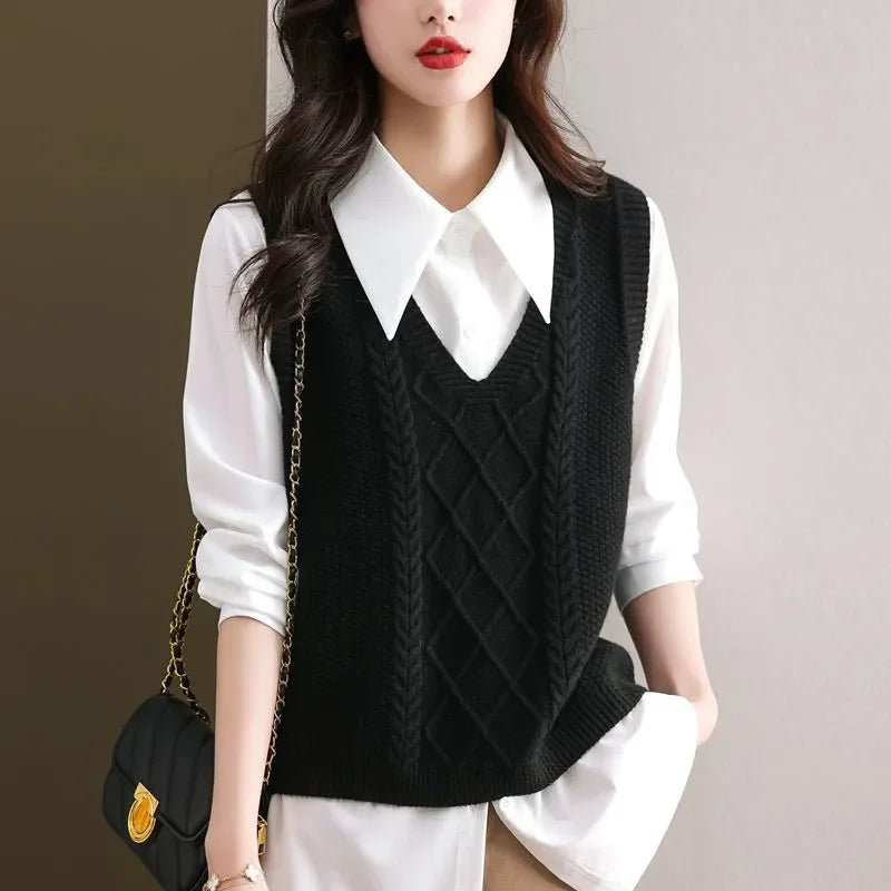 Spring Autumn New High-End Knitted Pullover Vest Women Fashion V-Neck Sleeveless Jacket Female Knitwear Jumper Waistcoat T1237