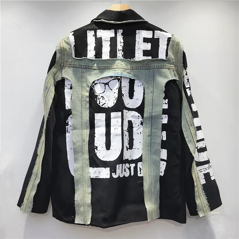 Women Splicing Denim Jacket New Spring Streetwear Long Sleeve Letters Graffiti Jeans Coat Female Fashion Loose Outwear Tide T959