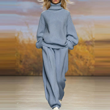 Loose Pocket Pants Set Basic High Collar Long Sleeve Top with Pants Set Comfortable Soft Sweater Solid Color Two Piece Set