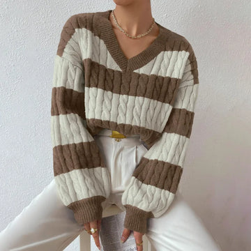 Women Jumper Knitted Striped Pullovers V Neck Sweater Long Sleeve Sweaters Loose Casual 2025 Autumn Basics Slight Strech