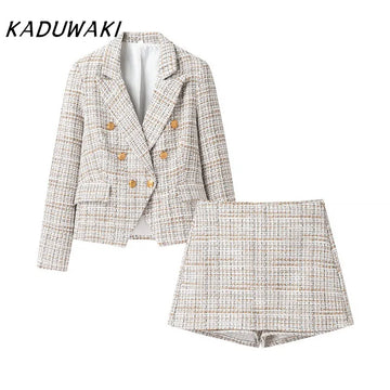 KADUWAKI Spring Vintage Fine Plaid Coat Lapel Long-sleeved Double-breasted Top Side Zipper Culottes Short Spring Two Piece Sets