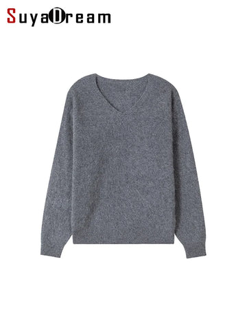 SuyaDream, Women Fleece Pullovers, V Neck, 3.8%Cashmere 96.2%Wool, Chic Warm Sweaters, 2025 Fall Winter Solid Top, Camel, Olive