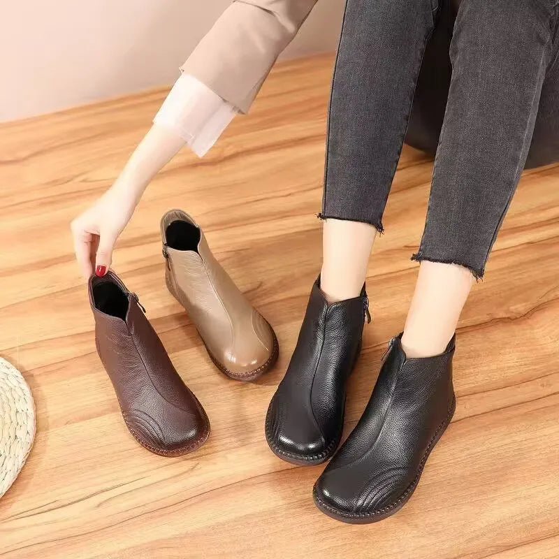 2025 New Autumn Winter Handmade Genuine Leather Women's Ankle Boots Lady Soft Flat Shoes Comfortable Casual Black Boots Big Size