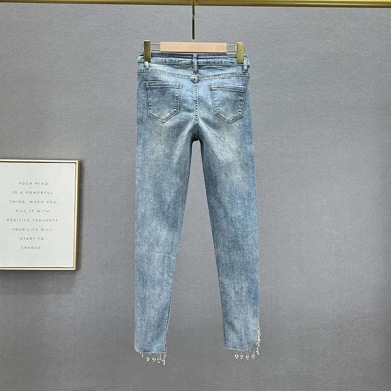 Slim Stretch Jeans Women Spring High Waist Denim Pants Diamond Decoration Fashion Tassels Washed Nine Points Pants Female T961