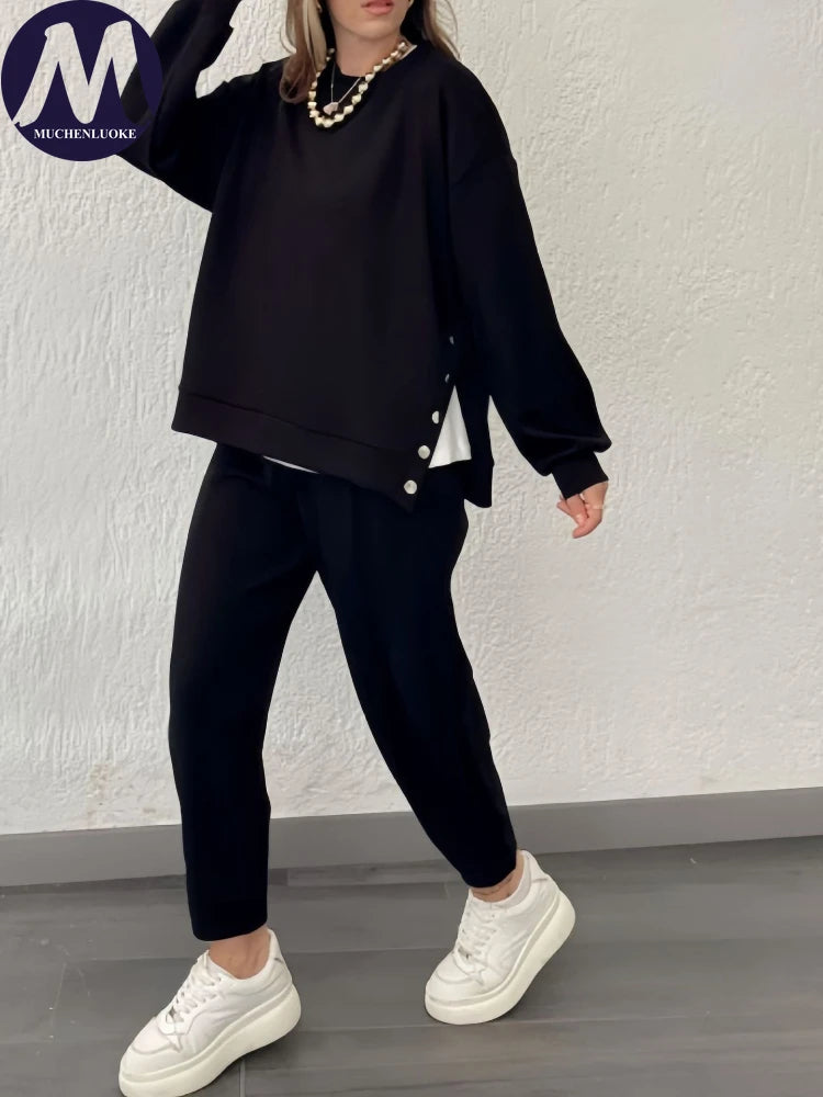 2 Pieces Set for Woman Autumn Winter Elegant Long Sleeves O Neck Sports Tops Suits Fashionable Casual Loose Pencil Pants Sets