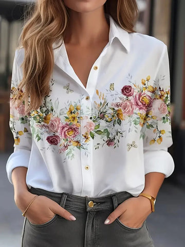 Women's Shirts Slim, Sexy, Soft and Comfortable Floral Long Sleeve Sun Shade Lapel Shirt New Women's 2024 Spring and Summer